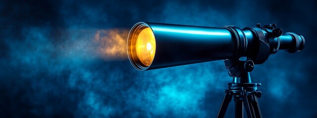 Fototapeta premium Telescope with glowing light shining through the lens, set against a dark blue smoke background