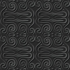 A decorative pattern featuring intricate swirls and curves in a dark color scheme, suitable for backgrounds or textiles.