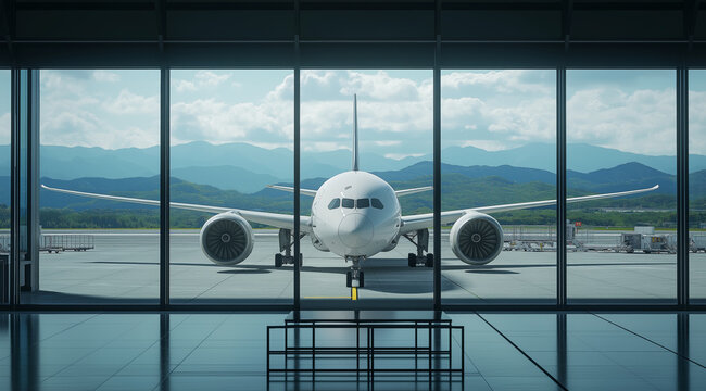 A modern airport terminal waiting area with a large passenger plane visible through the glass windows.
