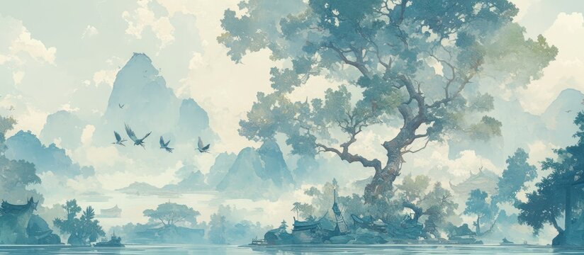 Misty landscape featuring a tree by a serene lake adorned with birds in a tranquil garden setting Ideal mural or wallpaper design for interior decor