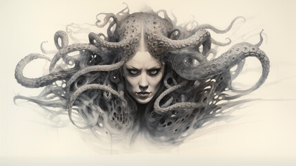 Frauengesicht mit Octopus-Tentakeln. Medusa-Konzept. Zeichnung / Skizze in schwarz-wei&szlig; vor hellem Hintergrund
