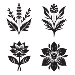 Elegant black and white floral design elements with seamless flower and leaf patterns, perfect for vintage nature illustrations or decorative spring art