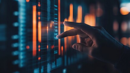 A businessman is using his finger to touch a screen displaying financial data.
