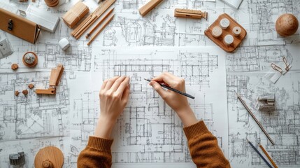a website selling a platform that helps architects with code and regulations for their designs. Show an architect drawing a design set