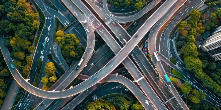 Aerial drone top view photo of highway multilevel junction interchange road in an urban populated area