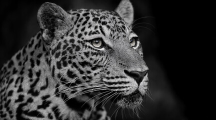 Fototapeta premium An elegant black and white shot of a majestic leopard in a dark setting 