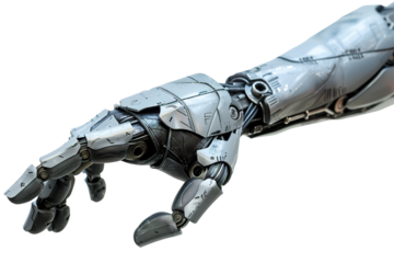 Detailed closeup of futuristic robot hand showcasing advanced mechanical engineering with articulated fingers, on transparent background. Cut out robotic hand, showing gesture.