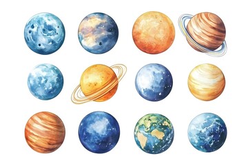 A vibrant set of different planets in watercolor technique, showcasing colorful and whimsical celestial bodies, perfect for cosmic-themed designs or space exploration illustrations.