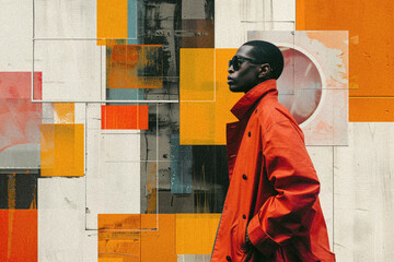 Horizontal Trendy Retro Halftone Collage Art Print with Black Man