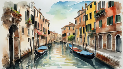 Obraz premium Watercolor painting of a canal in Venice with buildings on either side and gondolas reflecting in the water, creating an enchanting scene