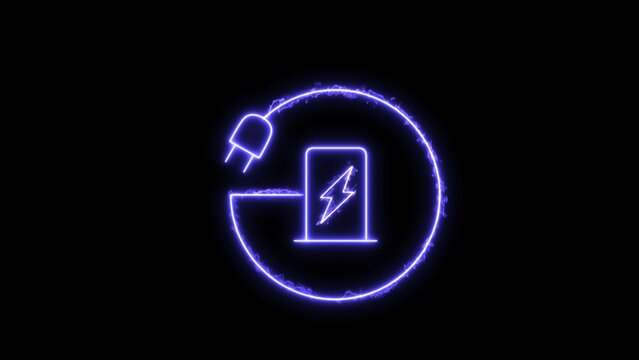 Icon electrocar charge point station neon flash button. Electric station charging power cable supply glowing image 8K illustration
