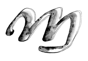 Black and white watercolor letter 'M' with soft gradients and flowing, organic shapes. Perfect for artistic typography, branding, and modern design projects.