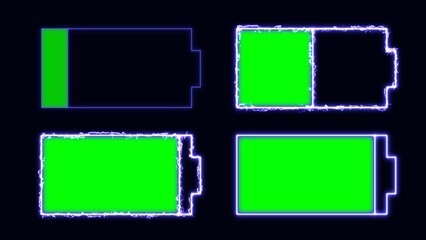 Energy charge phone screen icon image 8K illustration set. Device battery charging blue neon electric low full battery condition pack