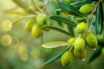 Obraz premium Green olives on olive trees against a blurred natural background on a sunny day, Mediterranean agricultural concept.