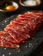 close up of Jamon Iberico on dark slate with rosemary garnish, Spanish cuisine