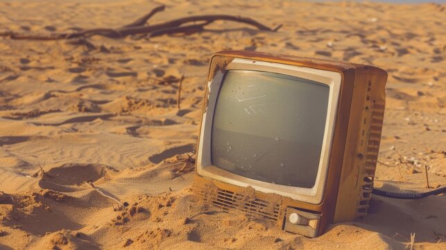 Old computer in a desert landscape, representing technology, digital obsolescence, contrast, desert, desolation, retro, outdated.