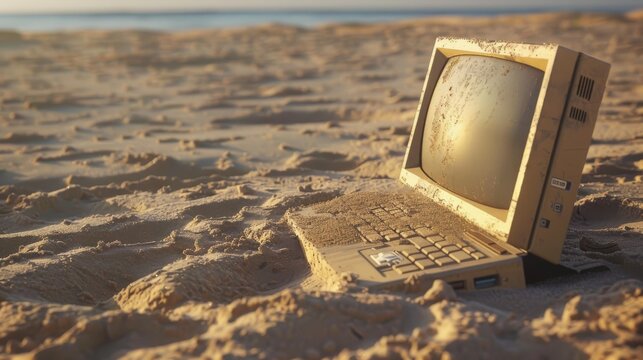 Old computer in a desert landscape, representing technology, digital obsolescence, contrast, desert, desolation, retro, outdated.