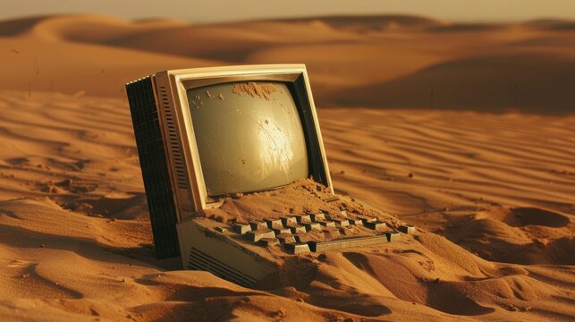 Old computer in a desert landscape, representing technology, digital obsolescence, contrast, desert, desolation, retro, outdated.