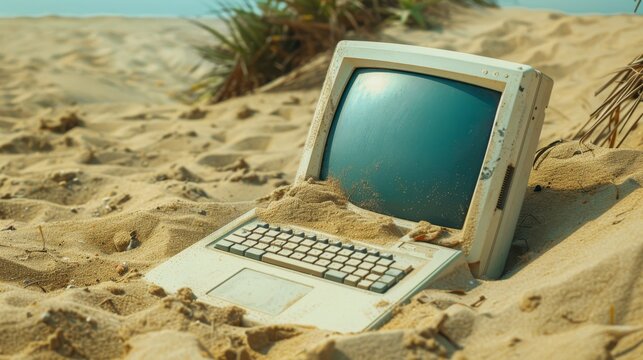 Old computer in a desert landscape, representing technology, digital obsolescence, contrast, desert, desolation, retro, outdated.