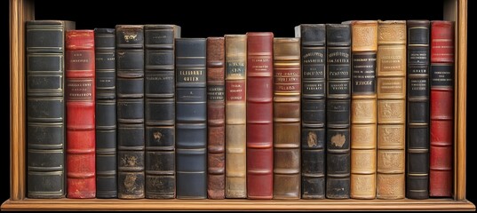 Collection of Antique Books Lined Up on a Wooden Bookshelf in Front of a Black Background