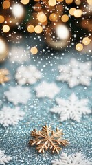 Christmas Snowflake Decoration with Glittering Background and Falling Snow