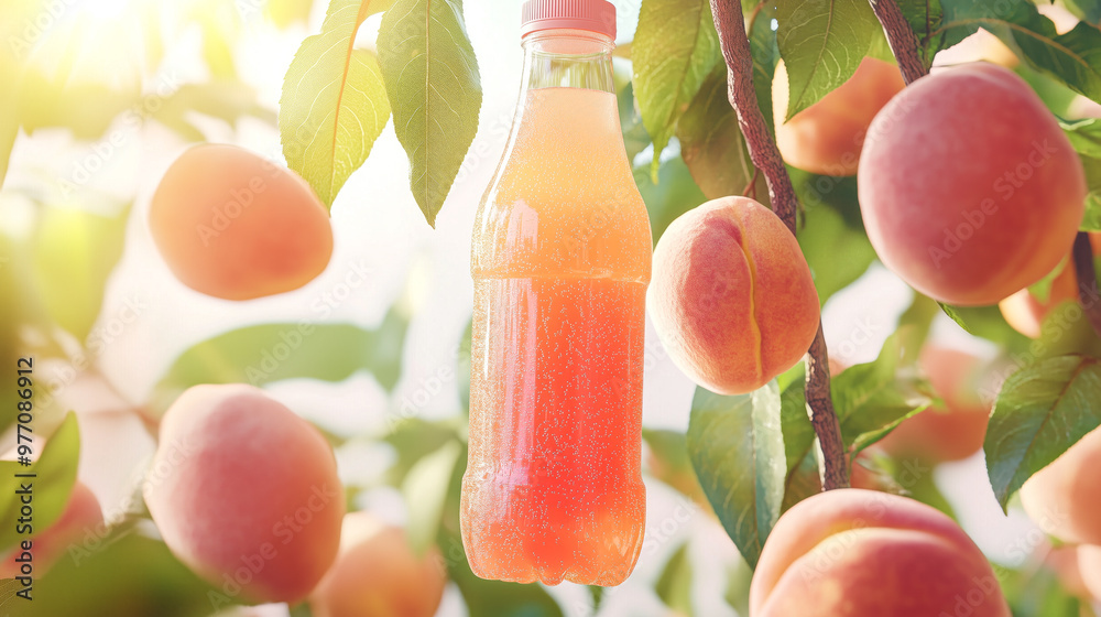 Sticker Big peach juice bottle mockup hanging on peach tree branch