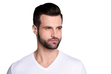Close up side profile photo amazing he him his  macho perfect ideal appearance neat bristle easy-going person calm not talk tell speak say smile wear casual white t-shirt isolated grey background