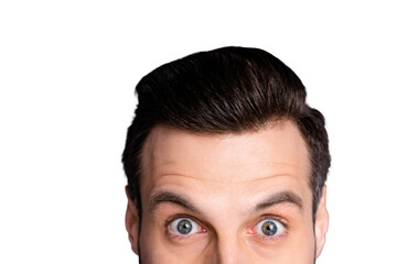 Cropped close up photo amazing he him his macho neat groomed head haircut mirror black ideal perfect color amazed big eyes wow omg effect surprise wear casual white t-shirt isolated grey background