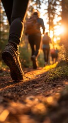 A group of friends hiking in the forest at sunrise, a close-up shot focusing on their shoes and legs as they walk along an old trail with scattered pine trees around them