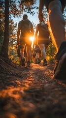 A group of friends hiking in the forest at sunrise, a close-up shot focusing on their shoes and legs as they walk along an old trail with scattered pine trees around them