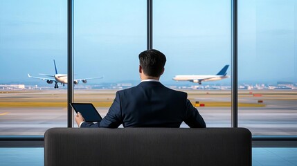 Airport lounge with a businessman in a suit relaxing on a modern sofa