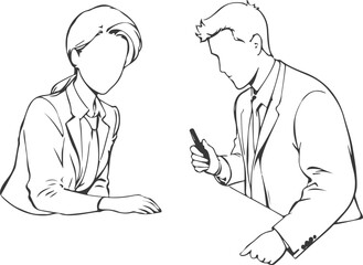 Business Group Meeting Silhouette Line Art Vector Illustration. Abstract Black Sketch Illustration of Businessmen with Laptop for Minimalist Design.