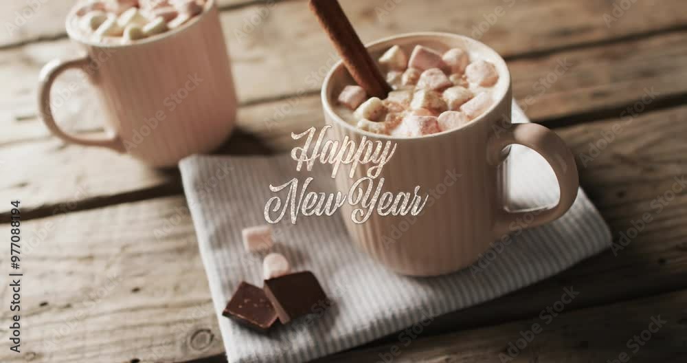 Wall mural Happy new year text over mugs of seasonal hot chocolate with marshmallows on wood background