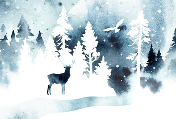 Watercolor vector snowy landscape with isolated reindeer, owl, river and forest in blue colors. Nature winter illustration. Design for christmas card, gift card, poster, banner
