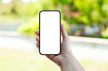 Hand holding smart phone. Blank screen template