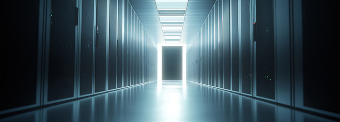 Art visualization corridor of data warehouse in warning red toning. Design web hosting technology big data center background. Network server room with parallel rows of mainframe. Corridor in big worki