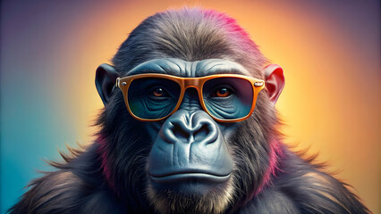 Calm gorilla in orange-pink sunglasses with blue lenses, set in a vivid sunset gradient backdrop.