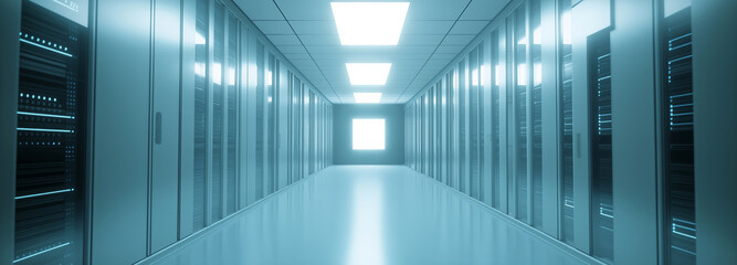 Art visualization corridor of data warehouse in warning red toning. Design web hosting technology big data center background. Network server room with parallel rows of mainframe. Corridor in big worki