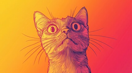Line art illustration featuring a warm gradient of a cartoon cat with a nervous expression