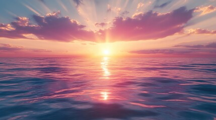 Obraz premium Serene sunset over the ocean with sun rays featuring a 3D rendered illustration of tranquil waters and vibrant colors