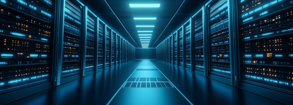 Art visualization corridor of data warehouse in warning red toning. Design web hosting technology big data center background. Network server room with parallel rows of mainframe. Corridor in big worki