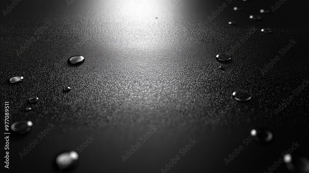 Poster Water droplets scattered on a dark surface.