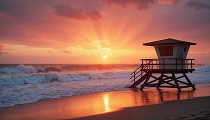 Lifeguard tower on an empty beach with a dramatic sunset and choppy sea