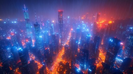Obraz premium Neon-Lit Futuristic City Skyline at Night Generative AI