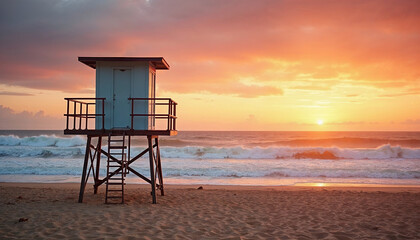 Lifeguard tower on an empty beach with a dramatic sunset and choppy sea