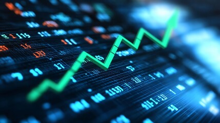 a stock market chart rising, blue background, green arrow rising