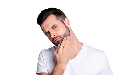 Close up photo amazing he him his macho perfect appearance touch arm hand bristle not sure quality stylist visit not smiling look mirror bath shower wear casual white t-shirt isolated grey background