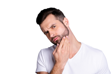 Close up photo amazing he him his macho perfect appearance touch arm hand bristle not sure quality stylist visit not smiling look mirror bath shower wear casual white t-shirt isolated grey background