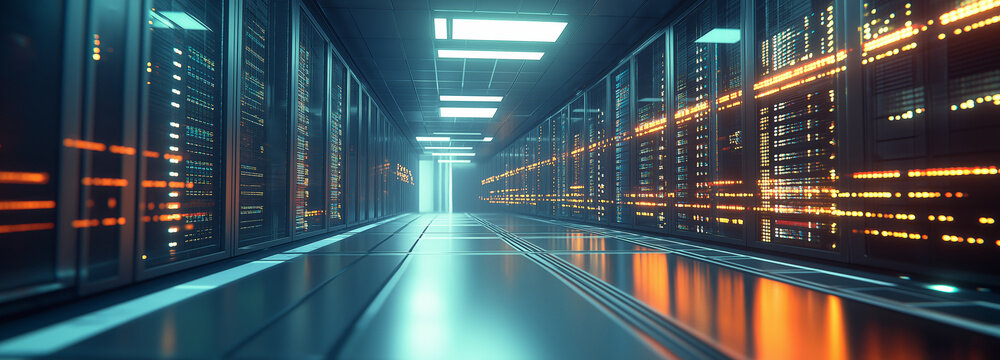 Art visualization corridor of data warehouse in warning red toning. Design web hosting technology big data center background. Network server room with parallel rows of mainframe. Corridor in big worki