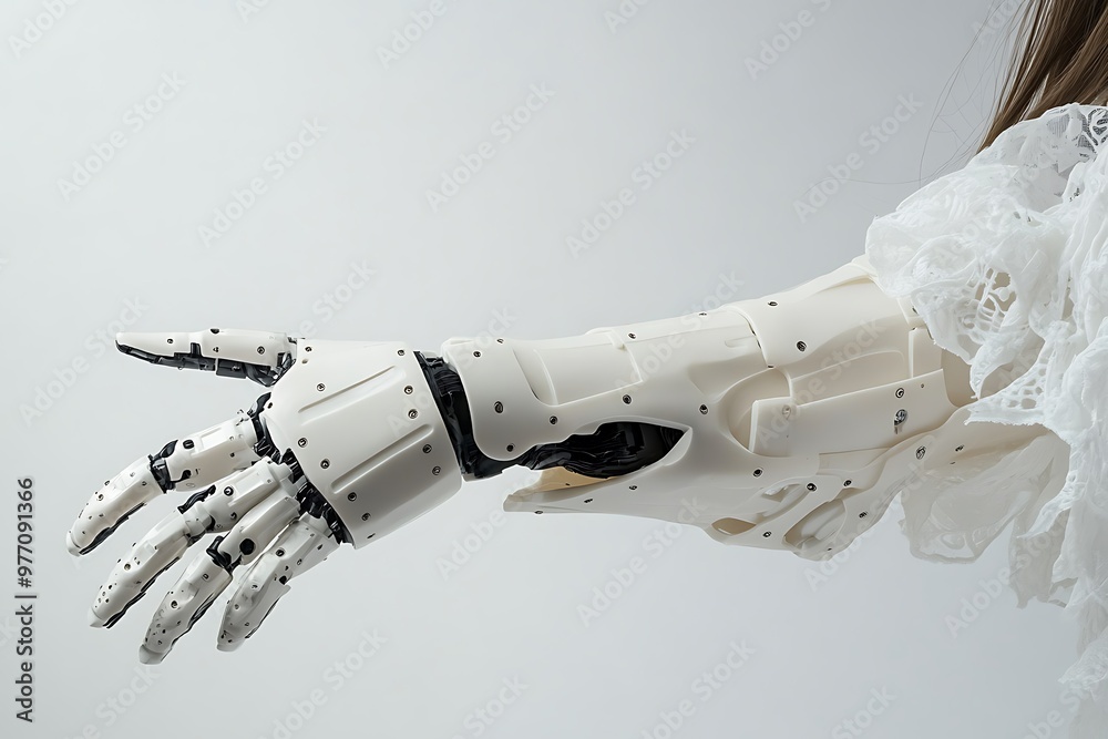 Sticker Close-up of a robotic arm reaching out, with a hint of human skin and fabric.